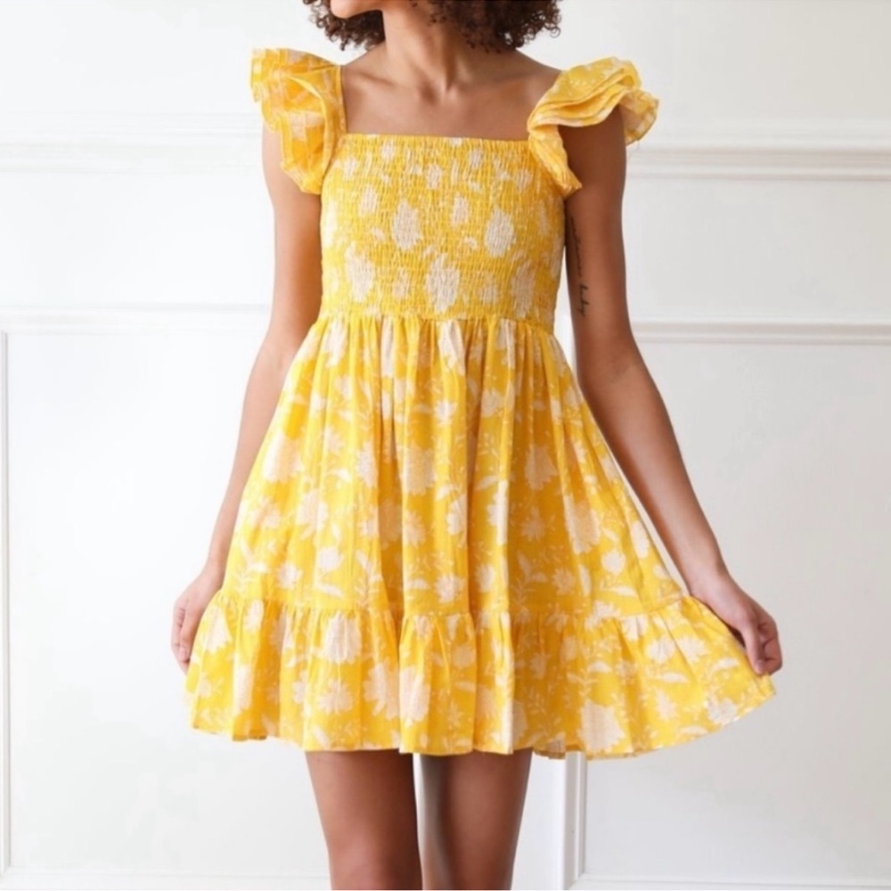 MILLE Bea Yellow and white Ruffle Sleeve Smocked Bodice Mini Dress Women’s Small